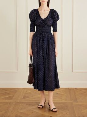 DÔEN Ischia shirred polka-dot organic cotto voile midi dress Navy White Size L